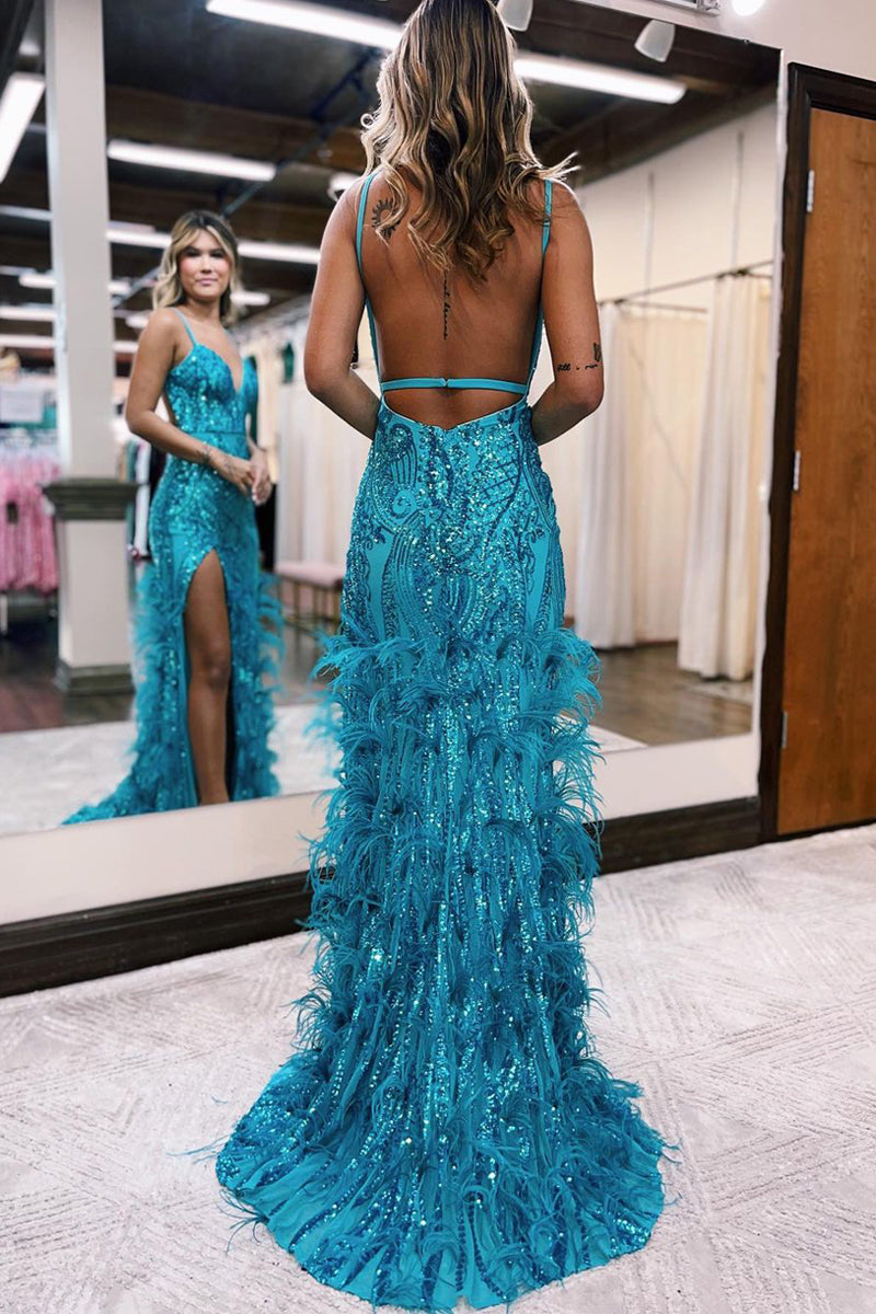 Jade Sequin Lace V Neck Mermaid Prom Dresses with Feather
