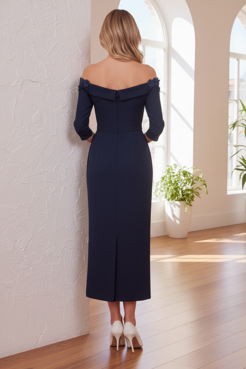 Off-Shoulder Long Sleeves Appliques Sheath Mother of Bride Dress