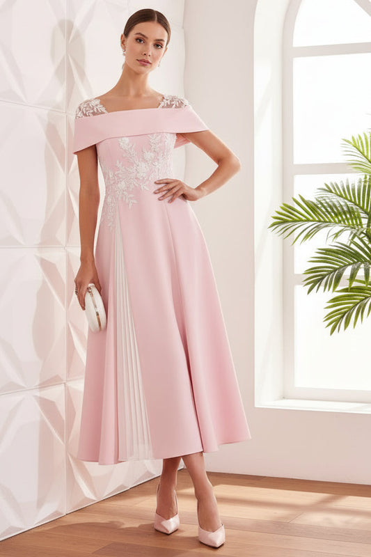 Square Appliques Pleated A-Line Mother of Bride Dress
