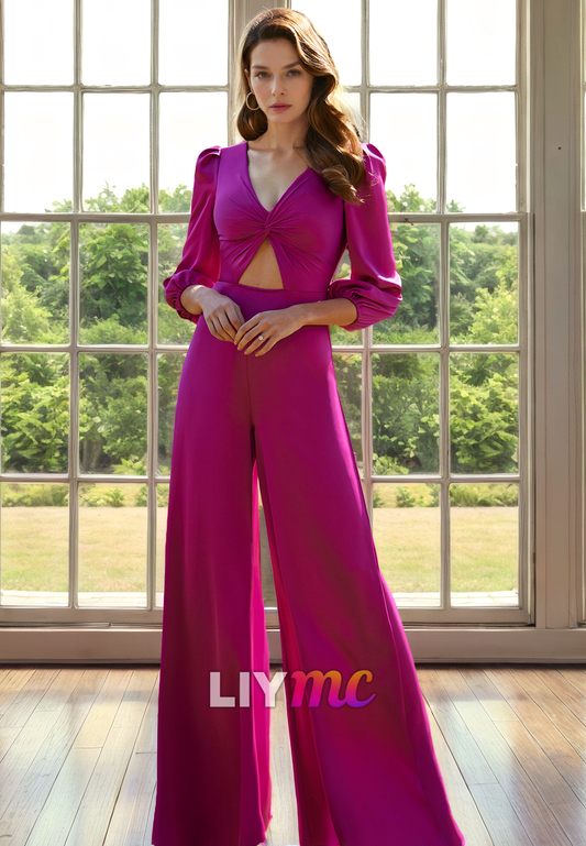 M1299 - Jumpsuit Long Sleeves Sleek Satin Cut Outs Mother of Bride Dress Cocktail Dress