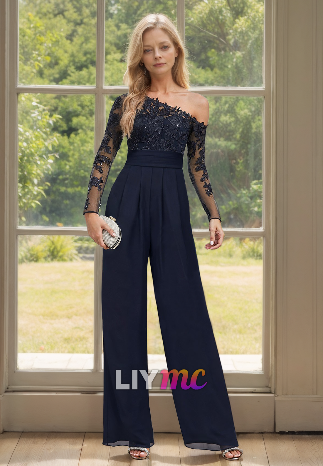 Jumpsuit One Shoulder Long Sleeves Appliques Mother of Bride Dress