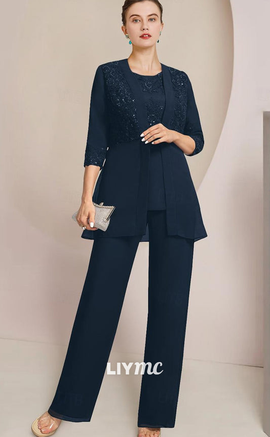 M1014 - Jumpsuit  Pantsuit 3 Piece Mother of the Bride Dress Formal Wedding Guest Elegant Scoop Sequined 34 Length Sleeve