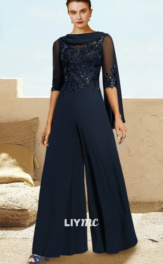 M1016 - Jumpsuit  Pantsuit Mother of the Bride Dress Floor Length Half Sleeve with Sequin Appliques