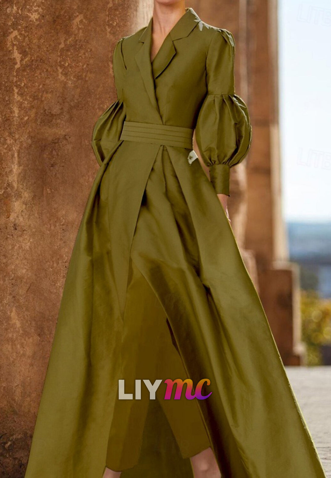 Jumpsuit V-Neck Long Sleeves Belt A-Line Mothe of Bride Dress