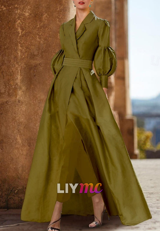 Jumpsuit V-Neck Long Sleeves Belt A-Line Mothe of Bride Dress