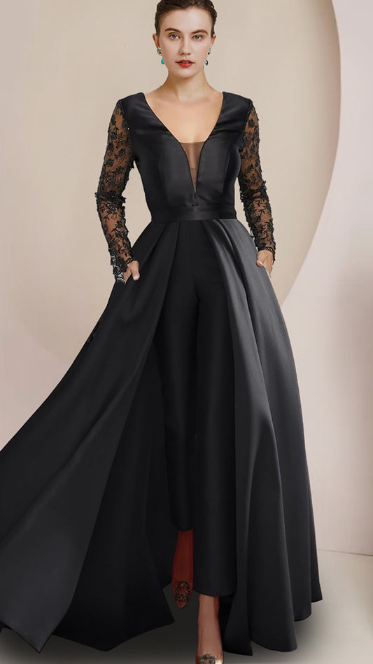 M1061 - Jumpsuits Mother of the Bride Dress Formal Wedding Guest Elegant Party V Neck Floor Length Satin Lace Long Sleeve with Appliques