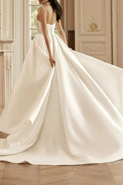 A Line thin shoulder strap pearl satin simple wedding dress