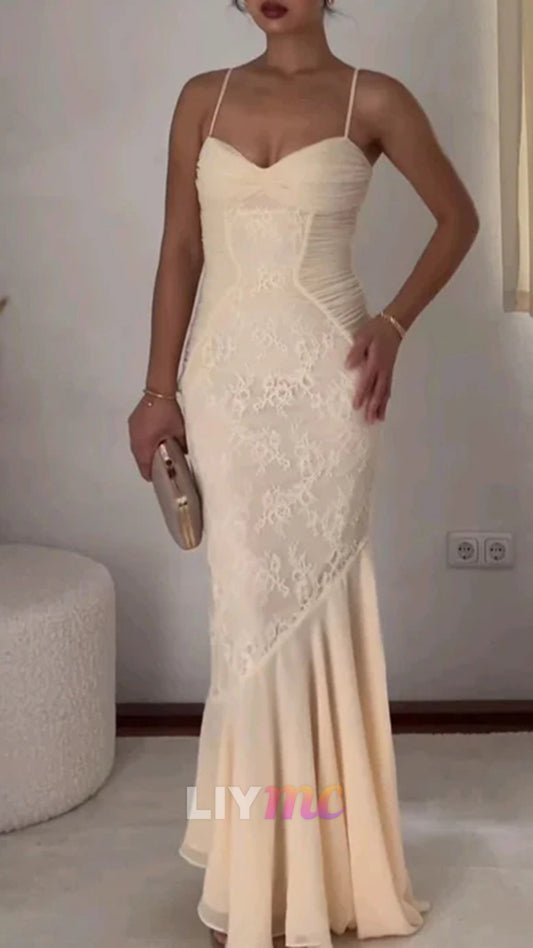 Sexy Chiffon Lace Evening Dress,Spaghetti Straps Mermaid Party Prom Dress