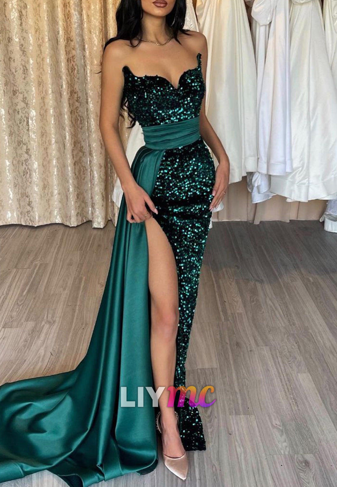 Sweetheart Sleeveless Sequins Sheath High Slit Sheath Prom Dress
