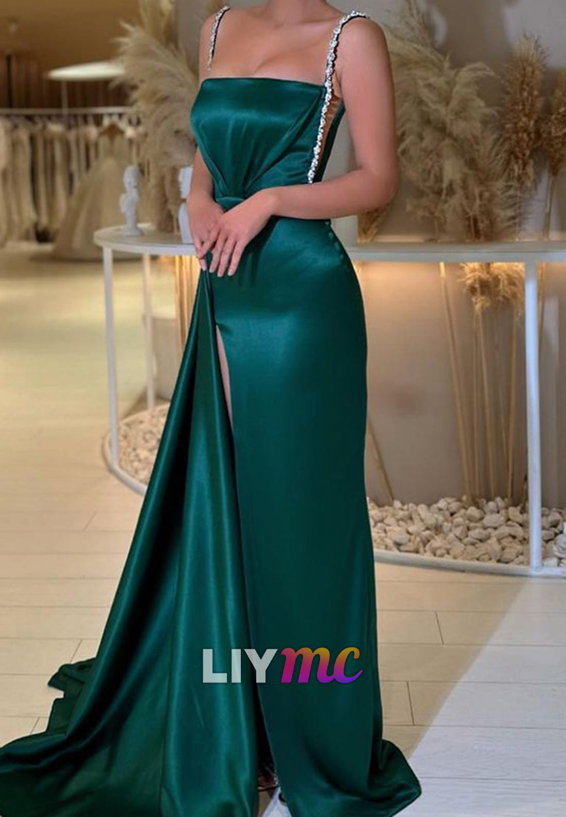 Square Sleeveless Ruched High Slit Sheath Prom Dress