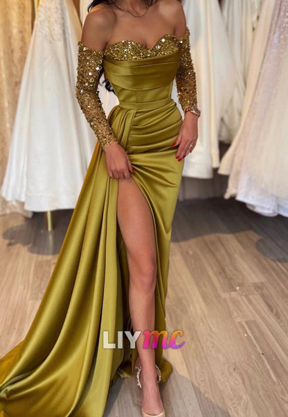Off-Shoulder Long Sleeves Appliques Ruched Sheath Prom Dress