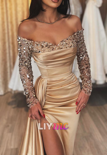 Off-Shoulder Long Sleeves Sequins Ruched High Slit Sheath Prom Dress