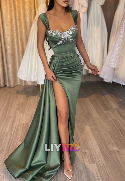 Sweetheart Sleeveless Ruched High Slit Appliques Sheath Prom Dress