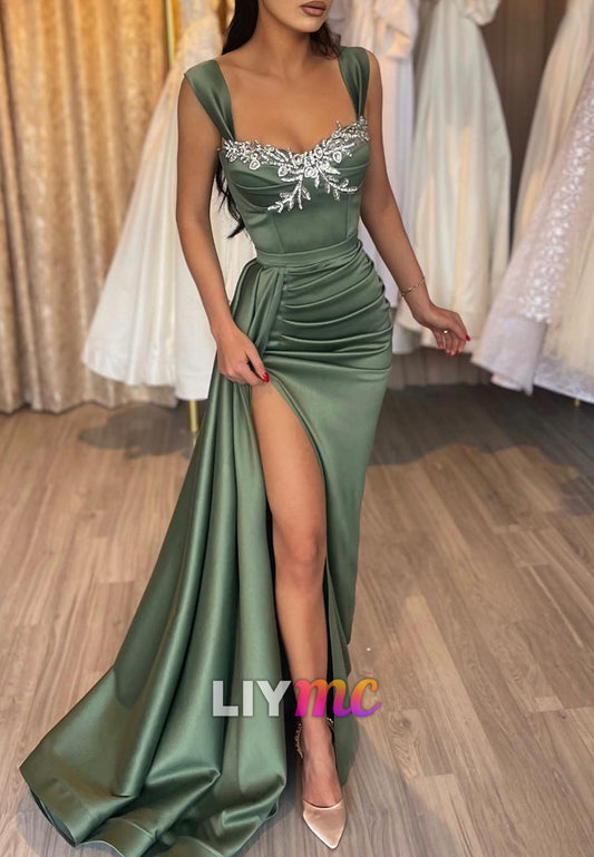 Sweetheart Sleeveless Ruched High Slit Appliques Sheath Prom Dress