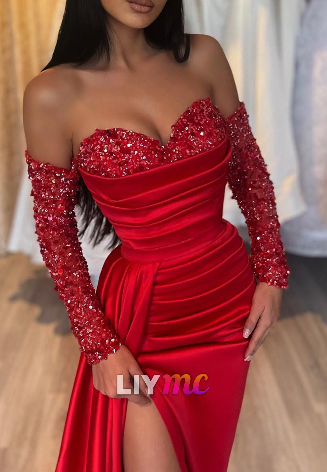 Sweetheart Sleeveless Sequins Ruched High Slit Sheath Prom Dress