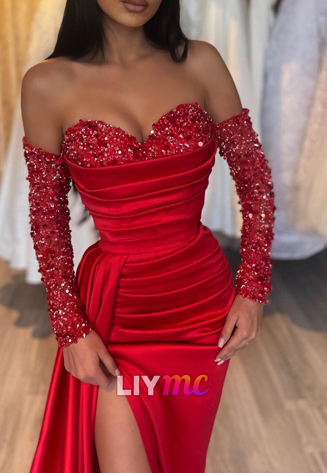 Sweetheart Sleeveless Sequins Ruched High Slit Sheath Prom Dress