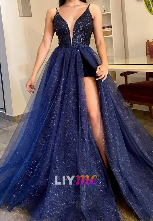 Low V-Neck Sleeveless Sparkly Tulle A-Line Ball Gown Prom Dress