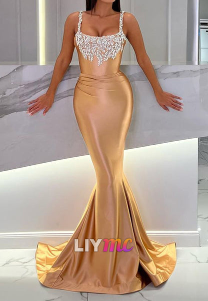 Scoop Sleeveless Beaded Sleek Mermaid Prom Dress