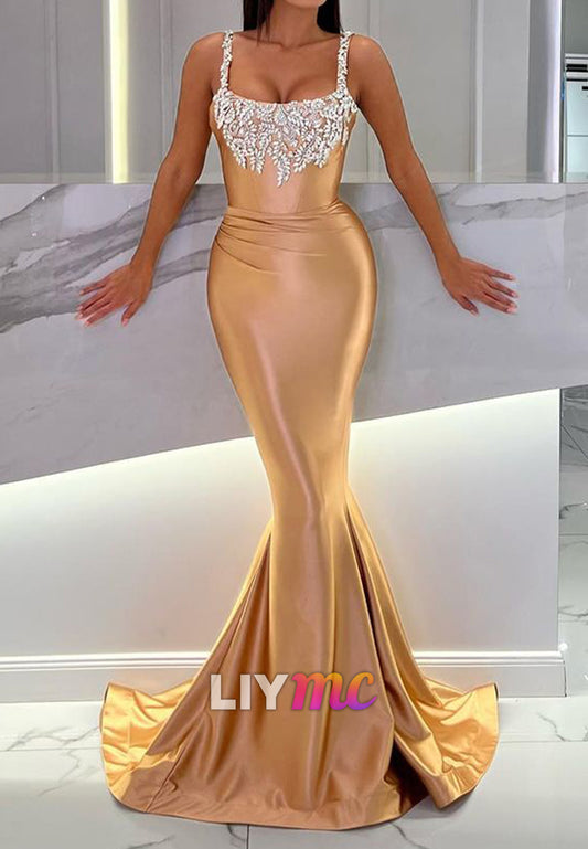 Scoop Sleeveless Beaded Sleek Mermaid Prom Dress