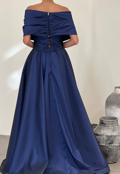 V-Neck Strapless Sleek Pleated Satin A-Line Formal Prom Dress