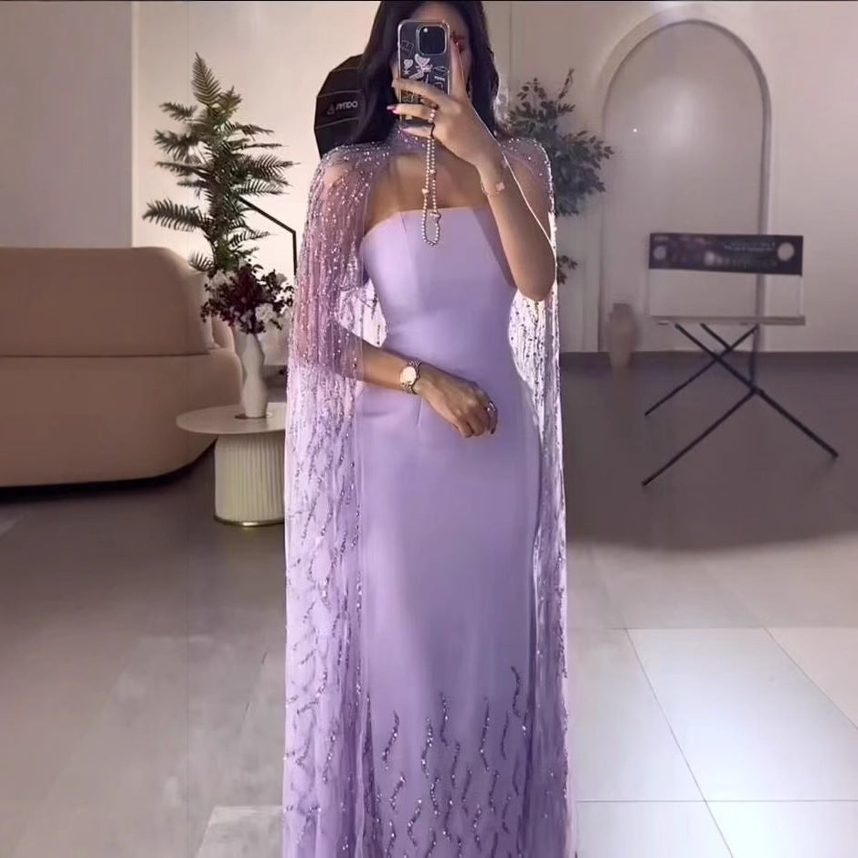 Lilac Elegant Evening Dresses with Luxury Beaded Long Cape Gown for Party