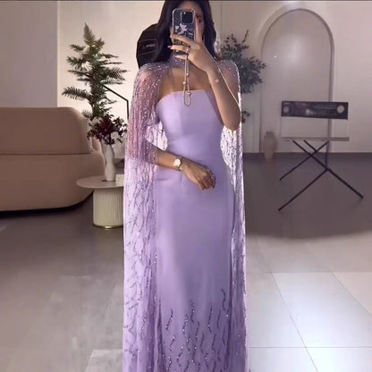 Lilac Elegant Evening Dresses with Luxury Beaded Long Cape Gown for Party