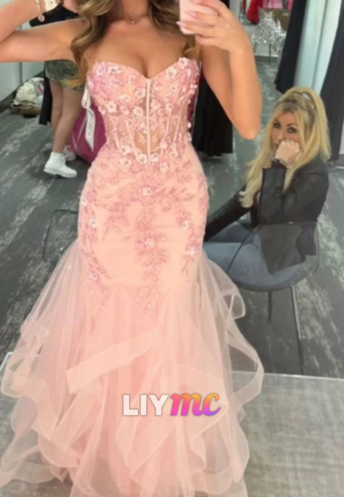 Pretty Strapless Pink Tulle Appliques Beaded Mermaid Party Dress Long Evening Gown