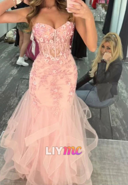 Pretty Strapless Pink Tulle Appliques Beaded Mermaid Party Dress Long Evening Gown