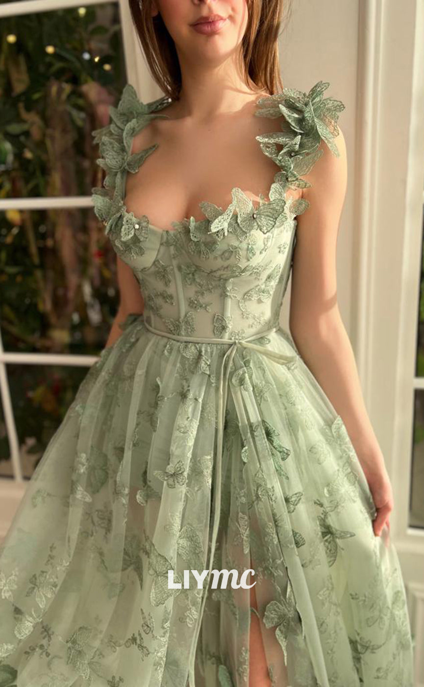 LP290 - A-Line Square Neck 3D Lace Tulle Long Prom Evening Dress With Slit