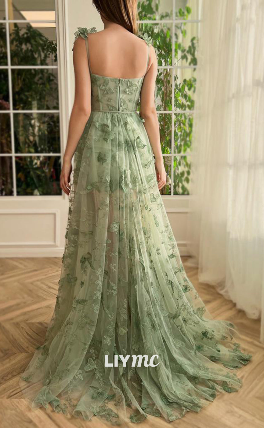 LP290 - A-Line Square Neck 3D Lace Tulle Long Prom Evening Dress With Slit