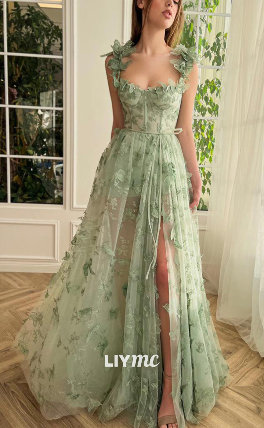 LP290 - A-Line Square Neck 3D Lace Tulle Long Prom Evening Dress With Slit