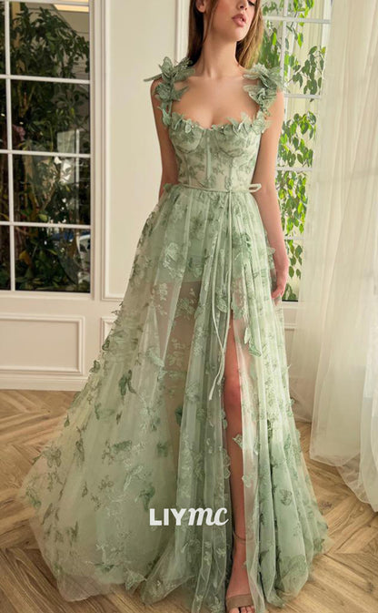 LP290 - A-Line Square Neck 3D Lace Tulle Long Prom Evening Dress With Slit