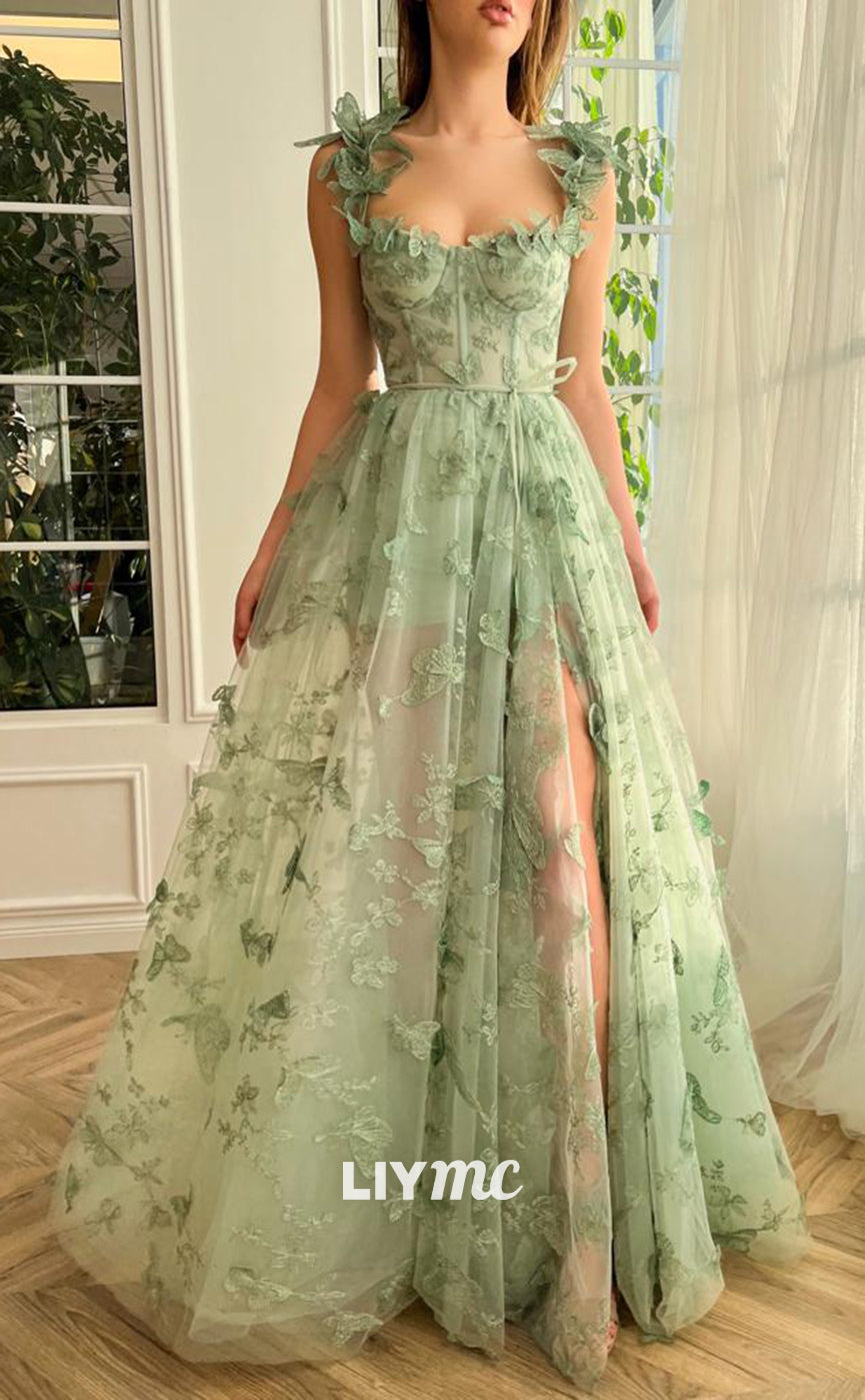 LP290 - A-Line Square Neck 3D Lace Tulle Long Prom Evening Dress With Slit