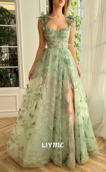 LP290 - A-Line Square Neck 3D Lace Tulle Long Prom Evening Dress With Slit