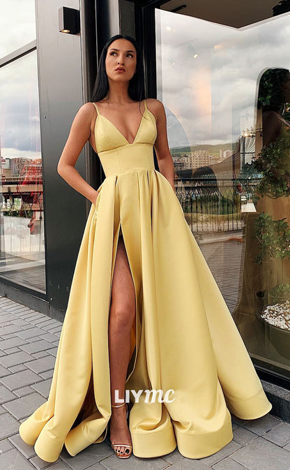 LP292 - A-Line V-Neck Pleated Satin Long Prom Evening Dress With Slit