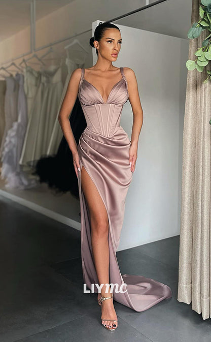 LP296 - Sheath/Column V-Neck Ruched Satin Long Party Evening Dress With Slit