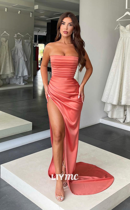 LP302 - Simple Strapless Ruched Satin Sheath Party Evening Dress With Slit