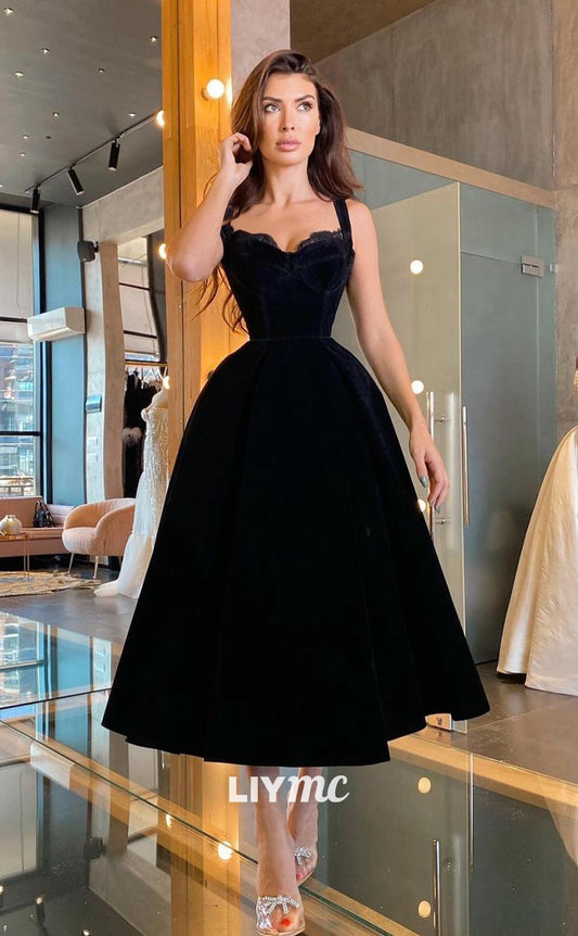 LP306 - A-Line Tea Length Sweetheart Lace Velvet Prom Formal Evening Dress