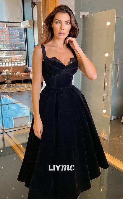 LP306 - A-Line Tea Length Sweetheart Lace Velvet Prom Formal Evening Dress