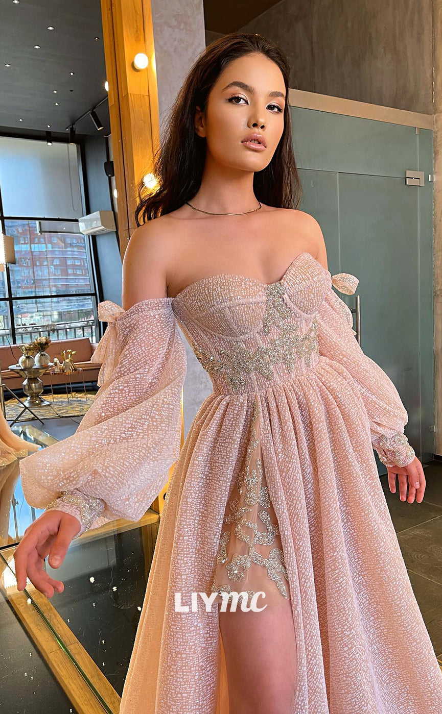 LP322 - A-Line Off-Shoulder Appliqued Pleated Long Prom Evening Dress