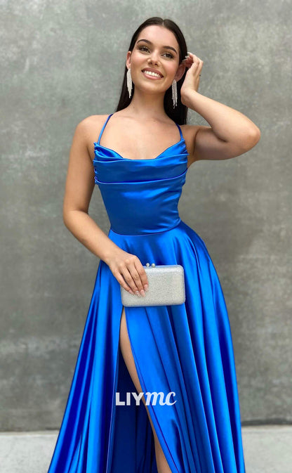 LP326 - A Line Spaghetti Straps Pleated Satin Long Prom Evening Dress With Slit