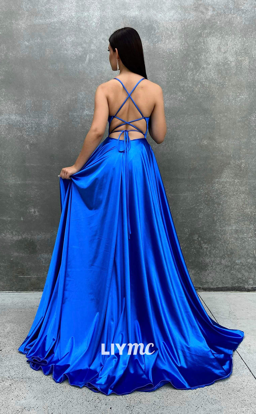 LP326 - A Line Spaghetti Straps Pleated Satin Long Prom Evening Dress With Slit