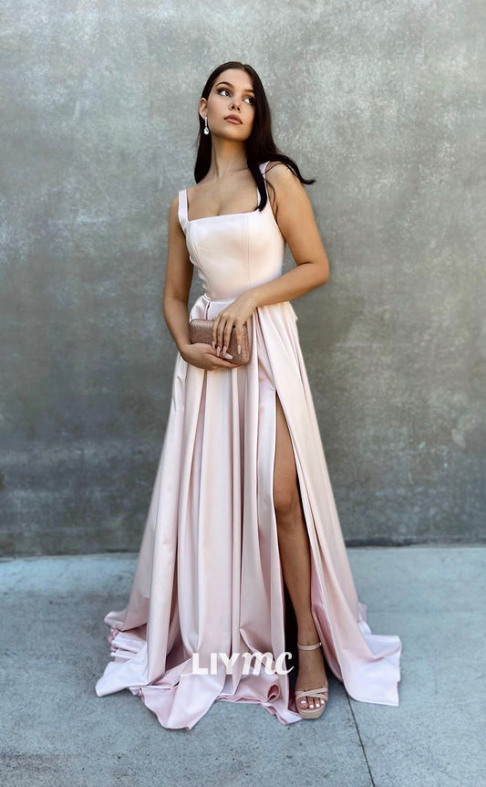 LP327 - A Line Square Neck Pleated Satin Long Prom Formal Evening Dress With Slit