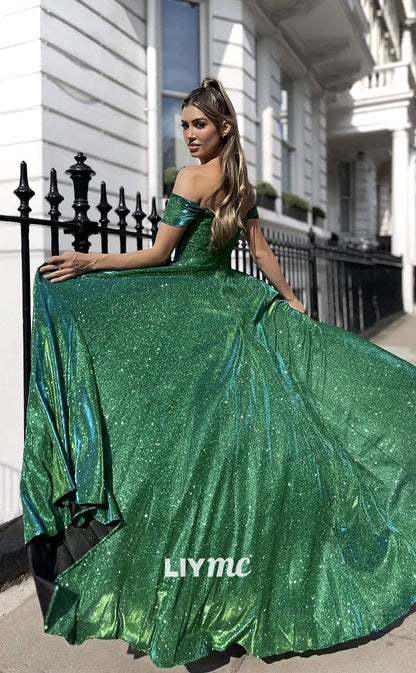LP328 - Sparkly A-Line Off Shoulder Pleated Sequins Long Prom Evening Dress