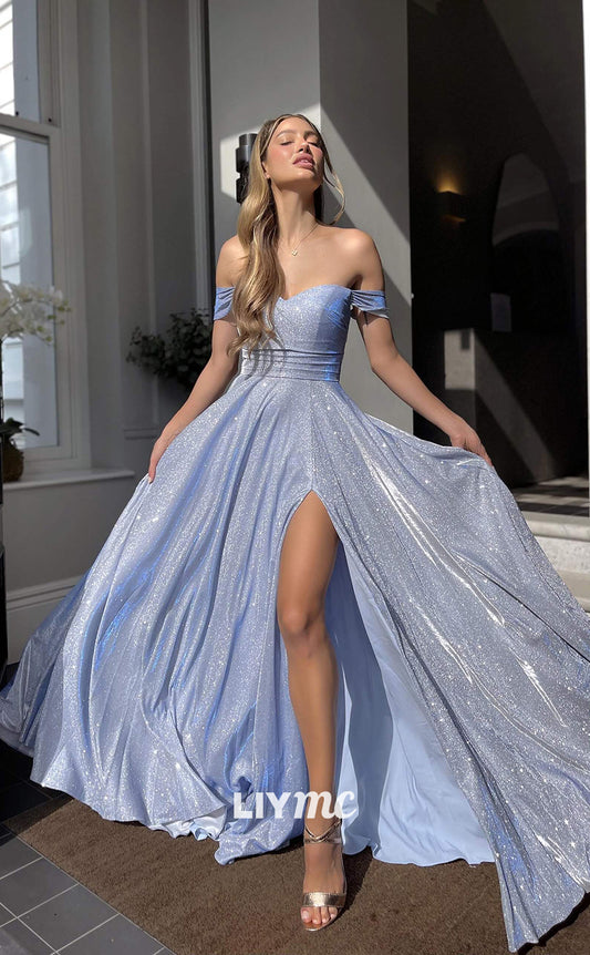 LP328 - Sparkly A-Line Off Shoulder Pleated Sequins Long Prom Evening Dress