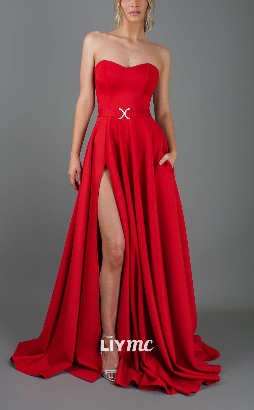 LP409 - A Line Sweetheart Strapless Elastic Satin Long Prom Evening Dress With Slit