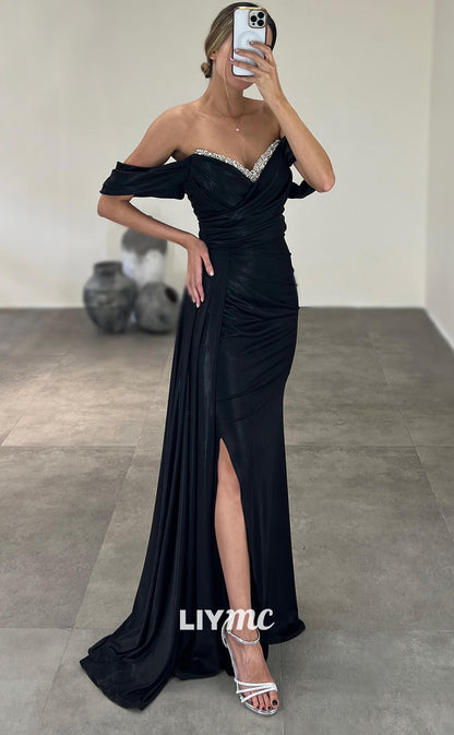 LP494 - Mermaid/Trumpet Off Shoulder Beaded Ruched Satin Long Prom Evening Dress
