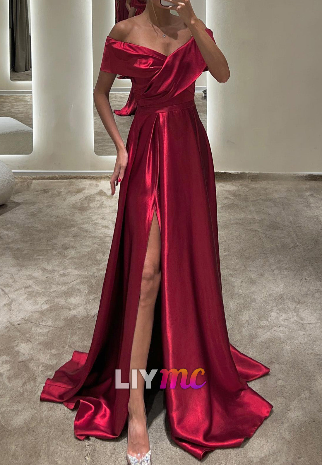 Off-Shoulder Strapless Pleated High Slit A-Line Prom Dress