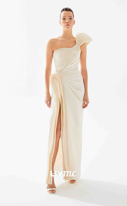 LP527 - Chic One Shoulder Ruched Satin Sheath Long Prom Evening Dress With Slit