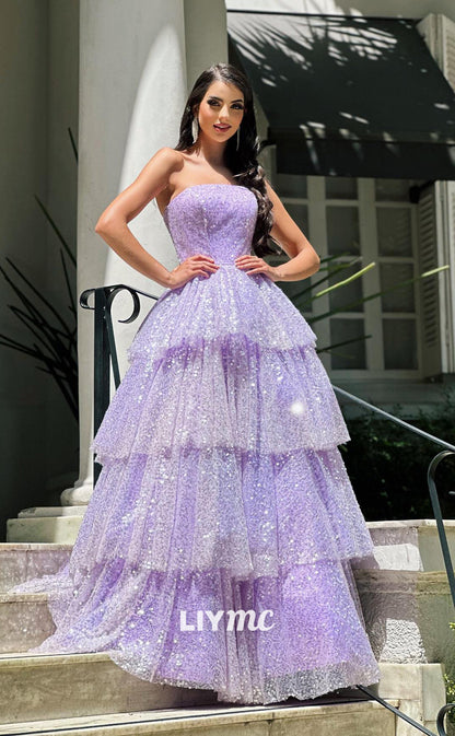 LP536 - Chic A Line Strapless Pleated Tiered Sequins Long Prom Evening Dress